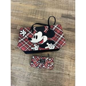 Disney Loungefly Mickey Mouse Tote Bag Handbag Red Black Plaid Print with Wallet
